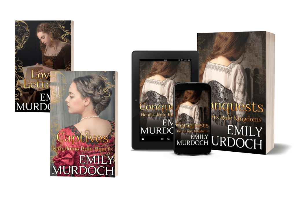 The covers of the first three books of Emily E K Murdoch's historical romance series, Conquered Hearts