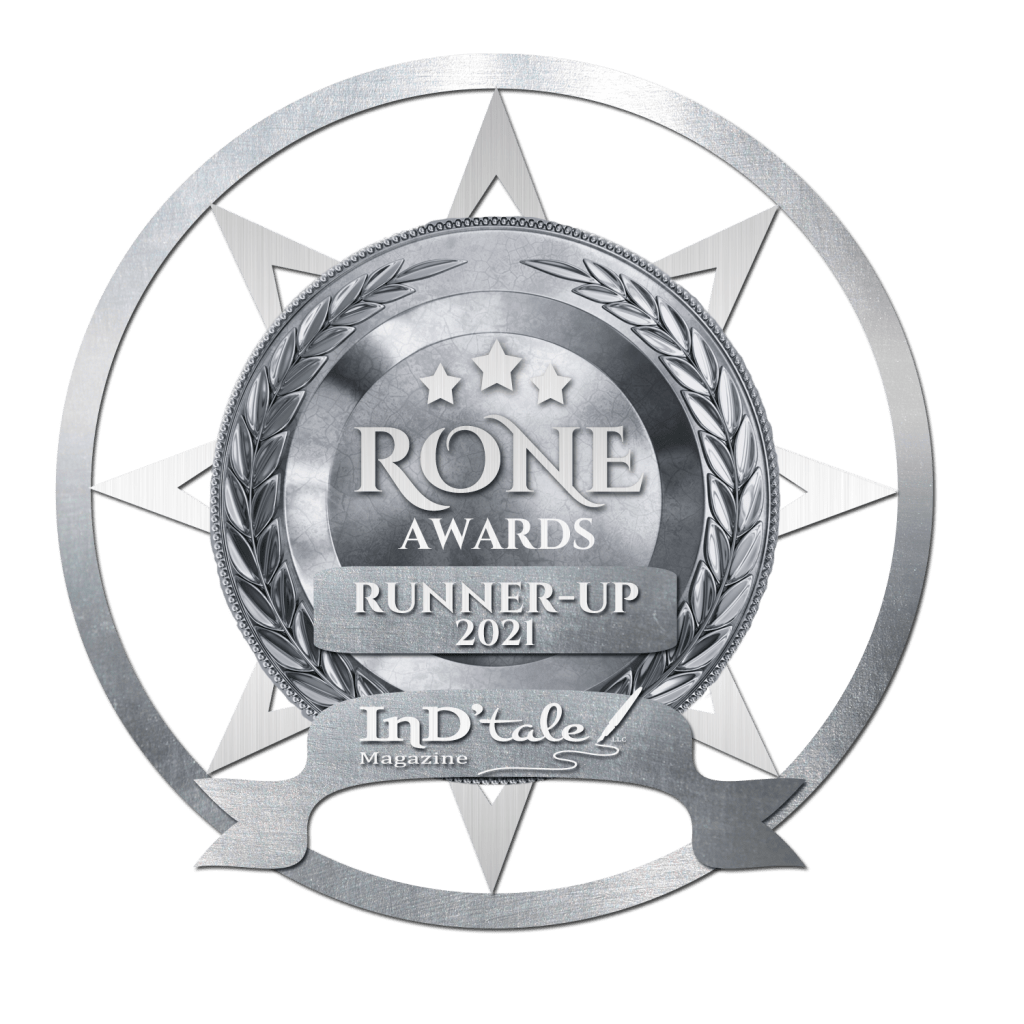 A logo for Emily's win as runner up of the RONE Awards. It is a medal style logo in silver which says 'RONE Awards Runner-Up 2021 InD'tale! Magazine'